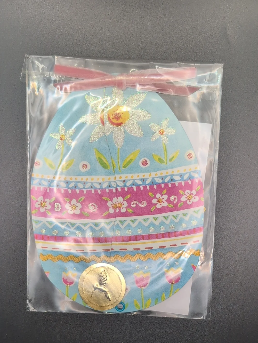 Papyrus Blue and Pink Floral Egg Gift Bag with Gold Accent